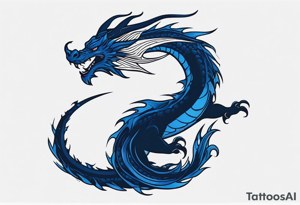 An epic floating dragon. Its long body coiling dynamically, with scales and horns detailed to create a sense of movement and strength. The dragon's main color is midnight blue, giving a vibrant depth and a mystical aura. This tattoo highlights the dragon’s fierce expression and sharp claws. tattoo idea