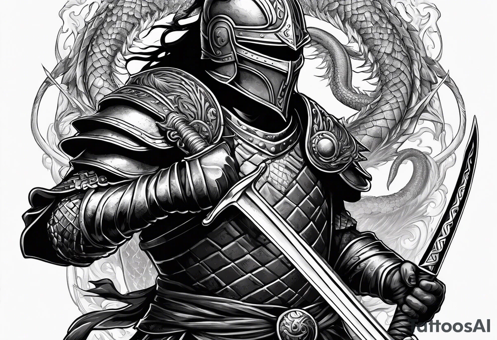 Helmeted Northern Warrior standing with sword held straight up and down and killing a dragon tattoo idea