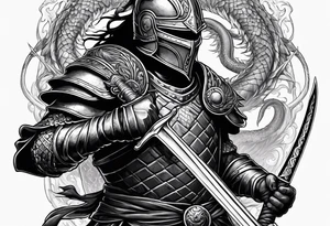 Helmeted Northern Warrior standing with sword held straight up and down and killing a dragon tattoo idea