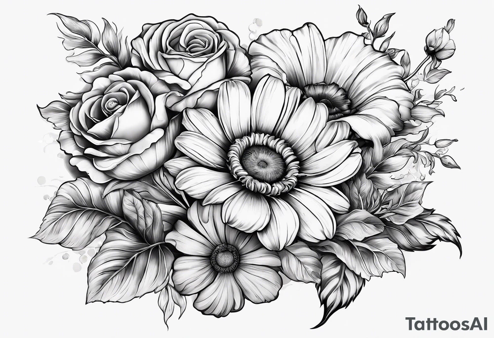 A sleeve of a single daisy and a rose with poppies and gladiolus flowers weaving through the daisy and rose tattoo idea