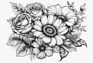 A sleeve of a single daisy and a rose with poppies and gladiolus flowers weaving through the daisy and rose tattoo idea