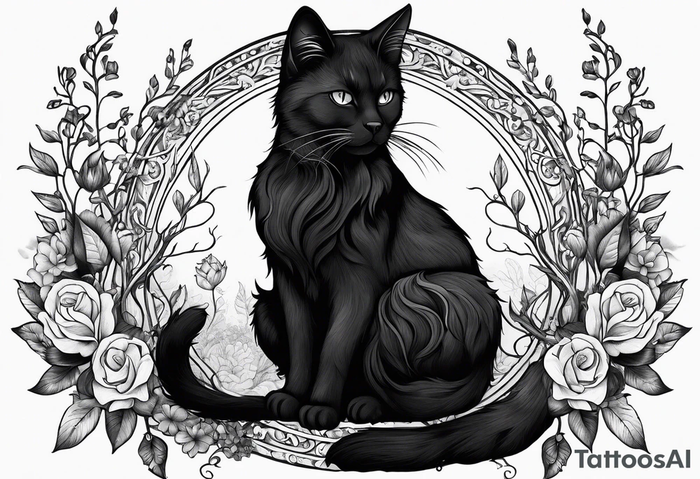 Ethereal witchy garden black cat tattoo idea