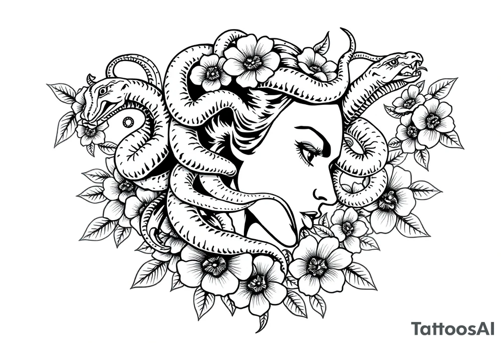 Side portrait of Medusa with snake heads, flowers tattoo idea