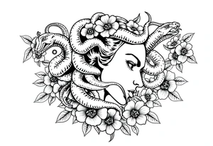 Side portrait of Medusa with snake heads, flowers tattoo idea