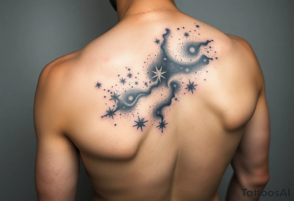 Beautiful and epic 3d milky way that appears to be what is beneath the skin. Make it drape over the shoulder and move to the middle back. use negative spaces to create stars and dust. Incorporate God breathing life into the universe. Keep it symmetrical tattoo idea