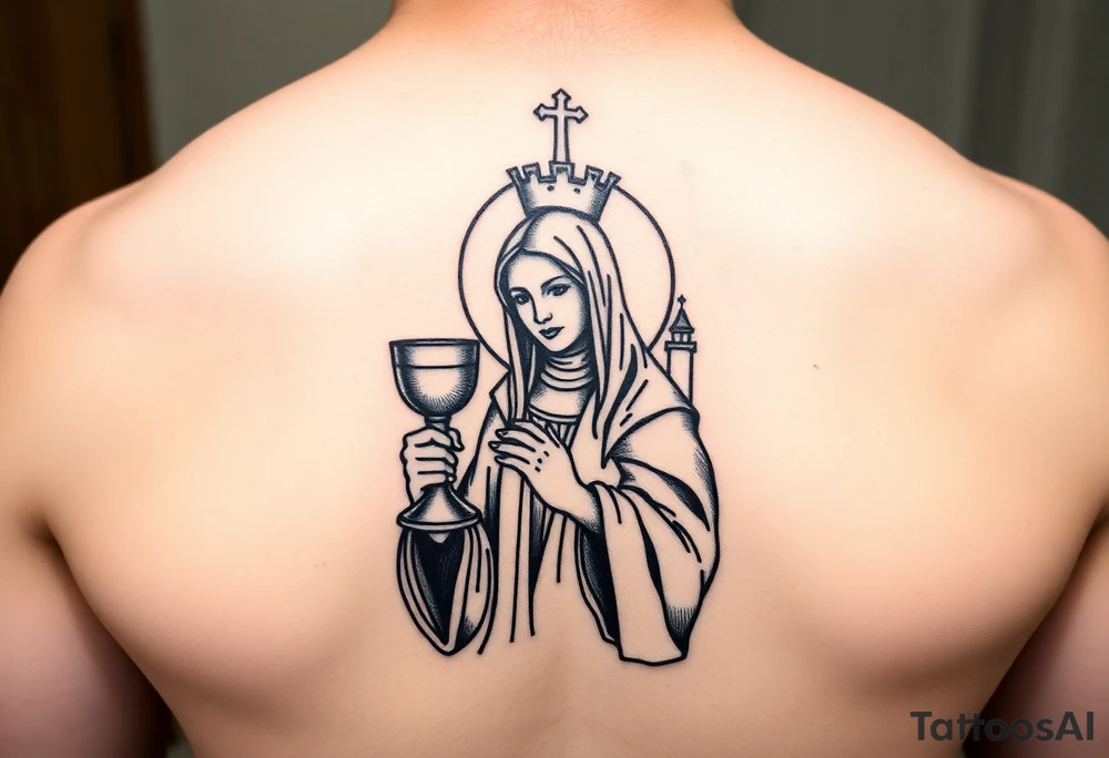Saint Barbara tattoo holding chalice with tower in background tattoo idea