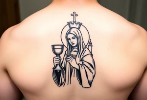 Saint Barbara tattoo holding chalice with tower in background tattoo idea