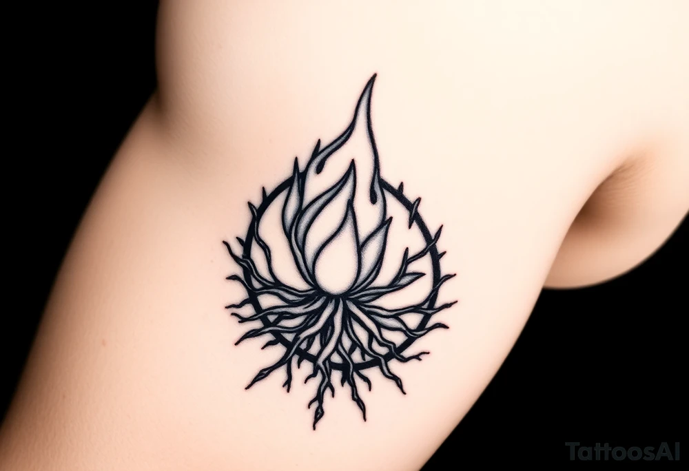 flame in a blooming roots circle tattoo idea