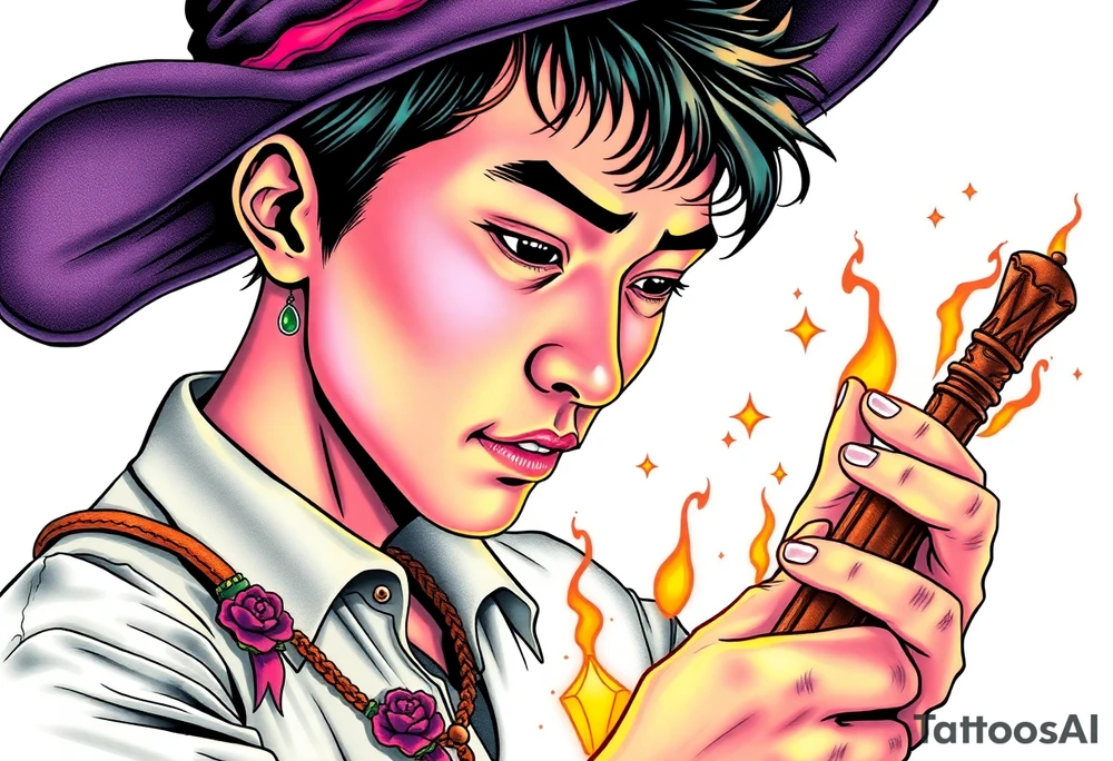 Handsome Asian young adult guy is  accidentally stumbled upon witch tools, supplies, artifacts, potions and exploring it curiously tattoo idea