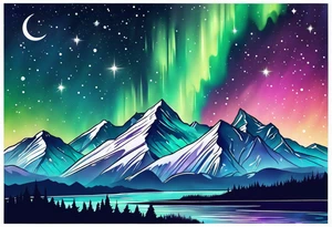 Aurora borealis with mountain and stars tattoo idea