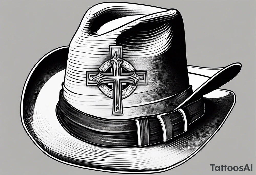 Wood cross resting on a cowboy hat. With the saying sleep through the storm tattoo idea