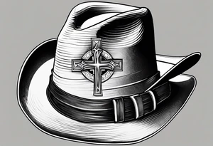 Wood cross resting on a cowboy hat. With the saying sleep through the storm tattoo idea