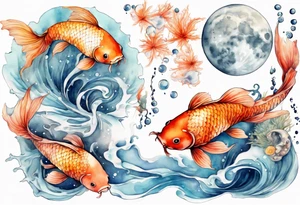 Water scene, featuring koi karp, jellyfish, the moon. With nods to Pisces. tattoo idea