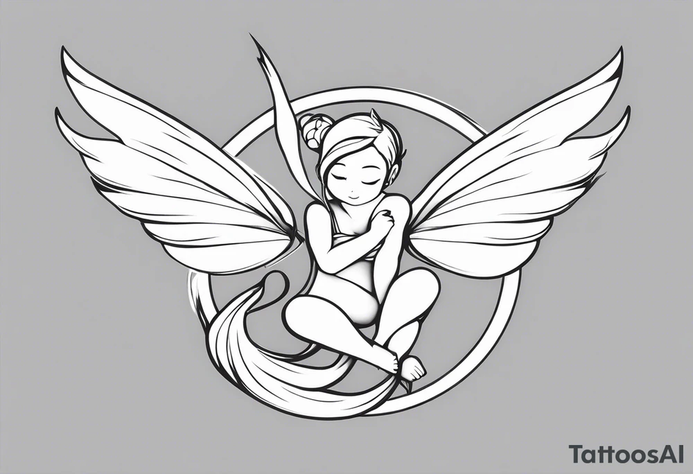 Minimalistic, monochromatic fairy with a tail flying to the left in a fetal position, leaning and looking in the same direction, with visible hands, embodying the 'Fairy Tail' logo aesthetic. tattoo idea