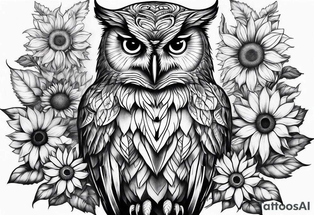 Owl with sunflowers leg sleeve tattoo idea