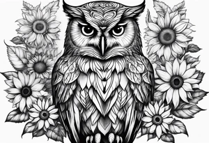 Owl with sunflowers leg sleeve tattoo idea