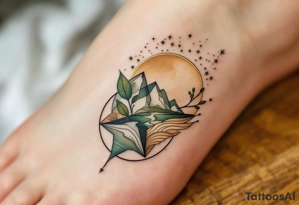 A modern geometric Virgo design, featuring earth elements like mountains, leaves, and flowing water. The tattoo is crafted in olive green, warm beige, and gold accents, emphasizing Virgo’s deep-rooted connection to nature and wisdom. tattoo idea