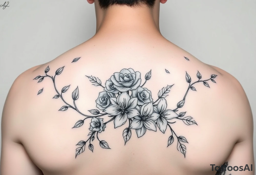 Orchard vines with roses and lilies tattoo idea