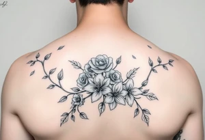 Orchard vines with roses and lilies tattoo idea