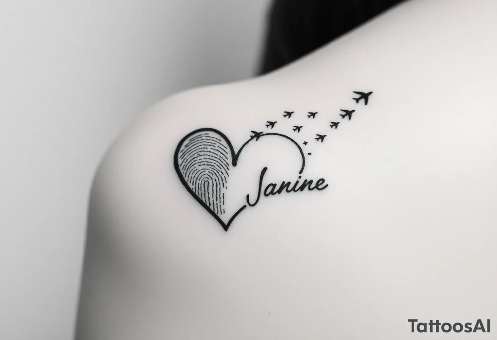 Two fingerprints merged into a heart shape, with the top right edge breaking away into a few small planes flying into the sky.

Signature Beneath the heart in the loved one’s handwriting flowing up into the heart

Take the first image and refine it. The line at the end of the signature should flow upward, creating the right side of the heart and flows into a planes design tattoo idea