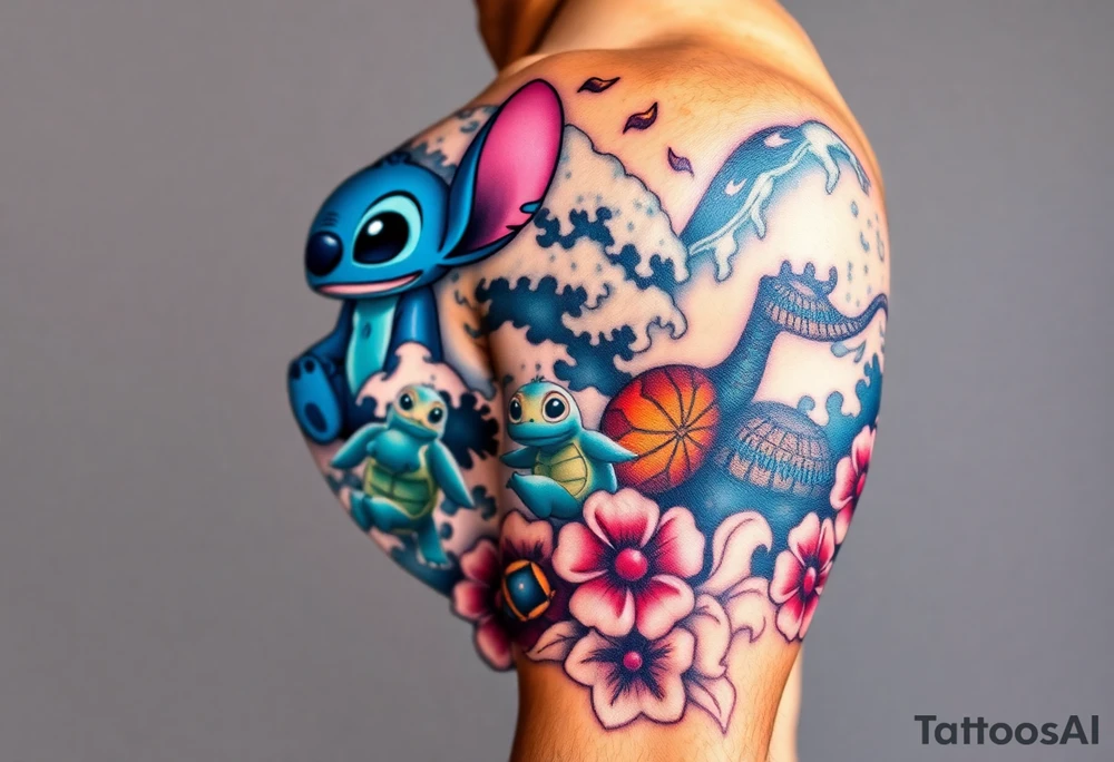 a half sleeve, right side on upper arm, incorporate waves, while adding disney characters lilo and stitch, as well as characters and items from moana, including moana, maui, heihei, pua, heart of tefiti. Making it kind of hawaiian themed, adding some turtles tattoo idea