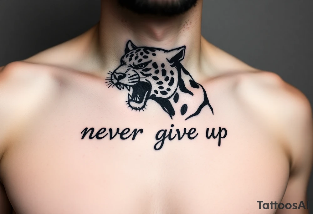 A black panter white text never give up in runes. On the collarbone tattoo idea