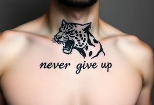 A black panter white text never give up in runes. On the collarbone tattoo idea