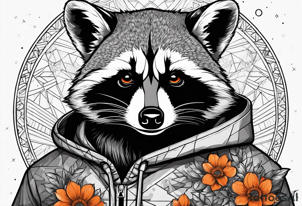 raccoon wearing a Superman hoodie with orange flowers tattoo idea