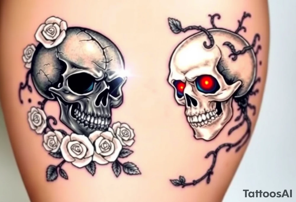 A bright, shining skull, with gentle white light emanating from the eyes and mouth, surrounded by white roses, opposed to a dark, evil skull, cracked and decaying, with red glowing eyes and blackened vines creeping around it. tattoo idea