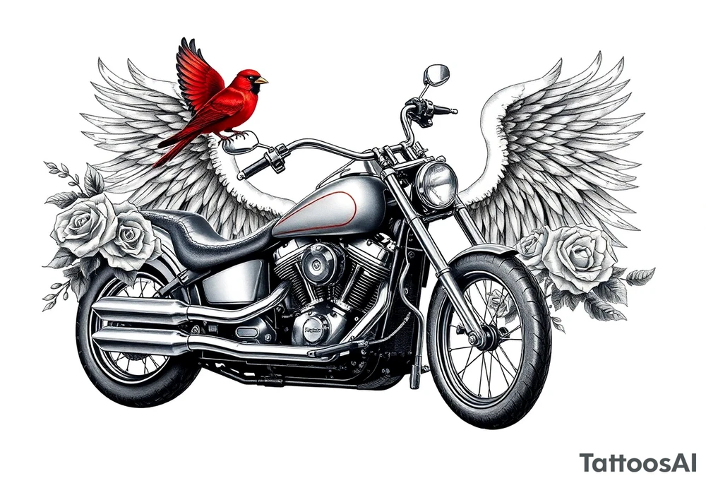 Harley grey motorcycle driving away, two red birds flying, roses, flames, angel wings tattoo idea