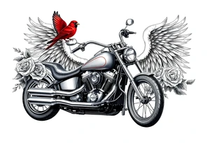 Harley grey motorcycle driving away, two red birds flying, roses, flames, angel wings tattoo idea