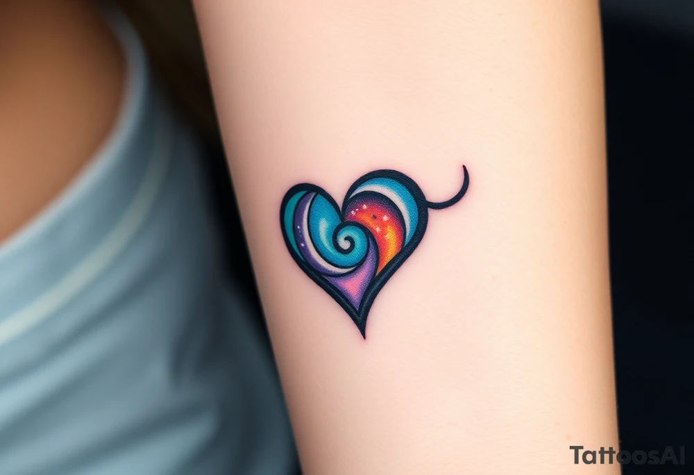 One infinity symbol with a heart made of swirling galaxy patterns at its end tattoo idea