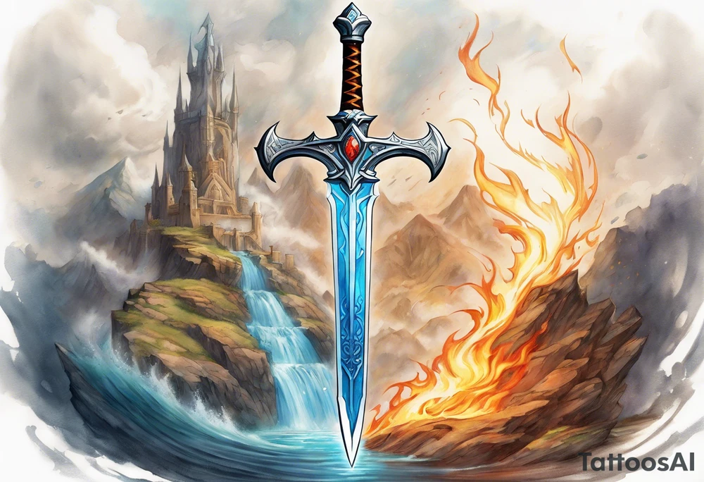 refined, detailed drawing of the Master Sword with the blade partially wrapped in ethereal elemental symbols: flames licking up one side, water flowing down the other, roots climbing the hilt, and wind swirling around the tip. The elements are subtly integrated, creating a harmonious design. tattoo idea