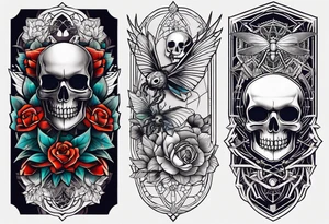 Traditional knee tattoo with skull and spider, geometric shapes and flowers tattoo idea