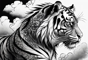 Asian Japanese Chinese style tiger with a full body not just head twisting body for a forearm half sleeve, clouds tattoo idea