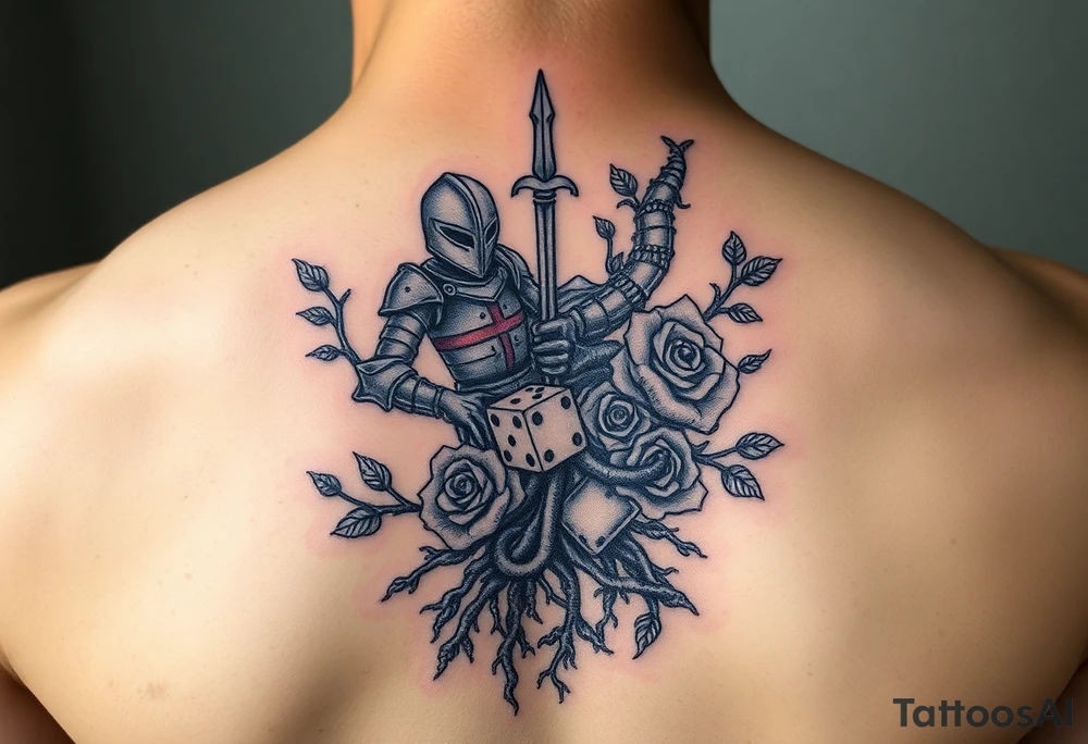 knight and squid intertwined with tree roots and roses rolling dice tattoo idea