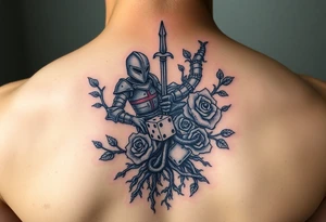 knight and squid intertwined with tree roots and roses rolling dice tattoo idea