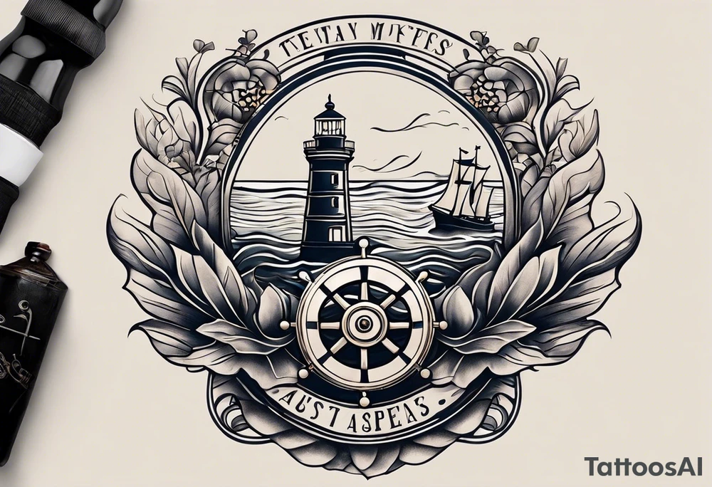 This tattoo captures the essence of Odessa's maritime charm, featuring a steering wheel symbolizing navigation through life's journey, a lighthouse representing guidance and stability, the iconic Potemkin Stairs symbolizing historical ascent, the vast sea embodying freedom, and the grand Opera House depicting cultural elegance. tattoo idea