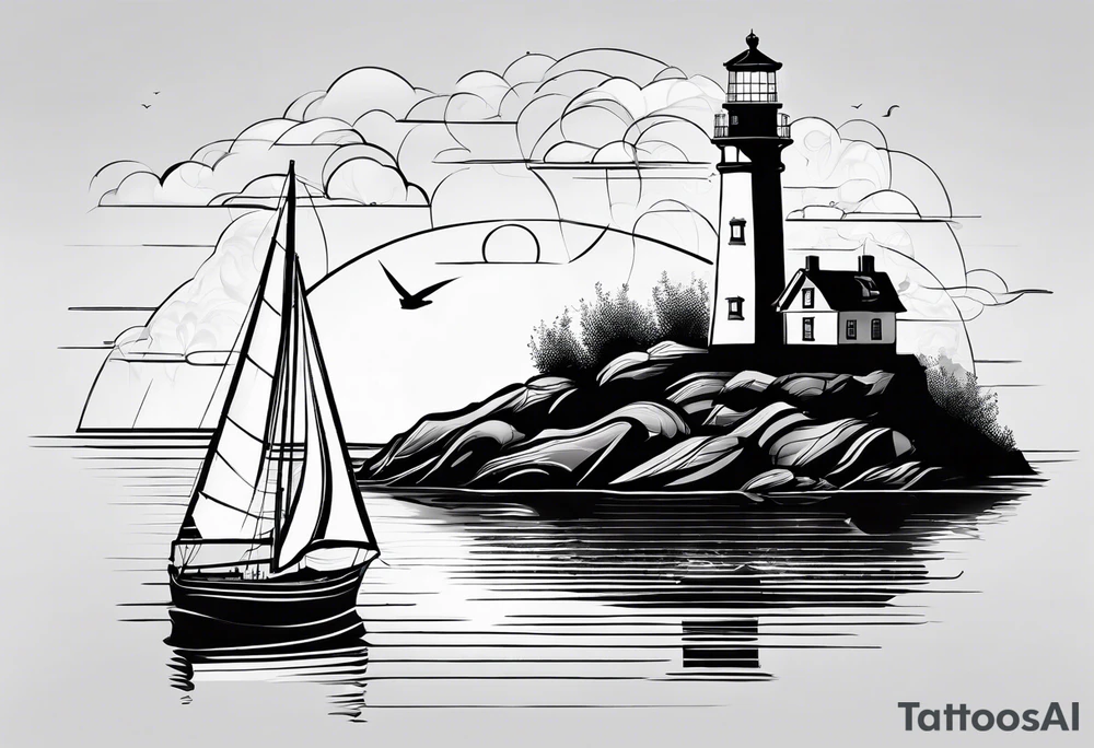 maritime lighthouse partially hidden by its large fixed sail. calm sea reflection. tattoo idea