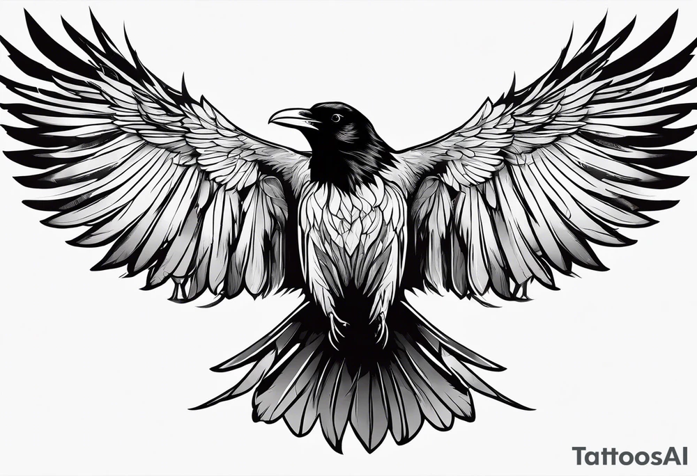 draw the outline of a flying raven, both wings are full on fire tattoo idea