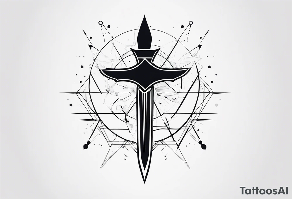 sword, occult, geometric, gothic, cyber sigilism, geometry, paint splotches, tattoo idea