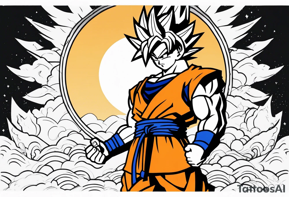 Son-Goku as a super saiyajin . A huge dragonball surrounds the whole scenery. Gokus friends are surrounding him as shadows tattoo idea