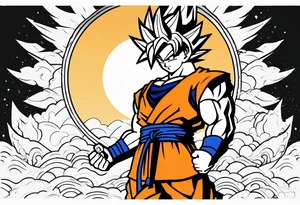 Son-Goku as a super saiyajin . A huge dragonball surrounds the whole scenery. Gokus friends are surrounding him as shadows tattoo idea
