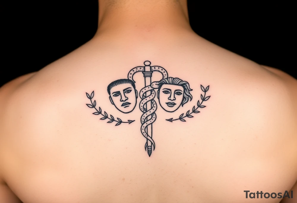 “Minimalist line art tattoo. Hermes caduceus with two snakes, mouths open. Ancient Greek theatre masks of comedy and tragedy beside it. Surround with subtle Greek symbols – olive branches, geometric meander lines, or Ionic column fragments. All elements connected by clean flowing lines into one compact, balanced composition.”


--- tattoo idea