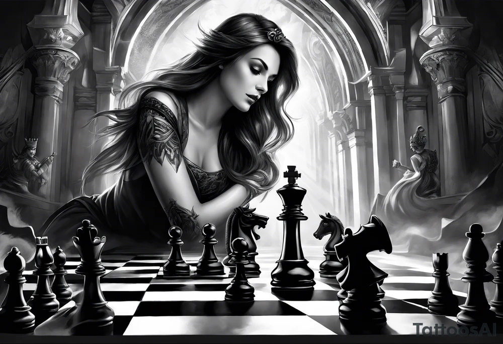 Capture the intense moment of checkmate in the game, with the angelic queen delivering the final move, signaling the triumph of good over evil in this strategic battle. tattoo idea