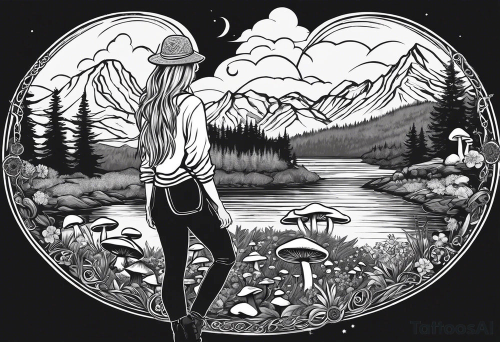 Whole picture encircled fully

Straight long blonde hair hippie girl in distance holding mushrooms in hand facing away toward mountains and creek surrounded by mushrooms long sleeve shirt and hiking pants; whole rendering within a full celtic circle, no cut off circle tattoo idea