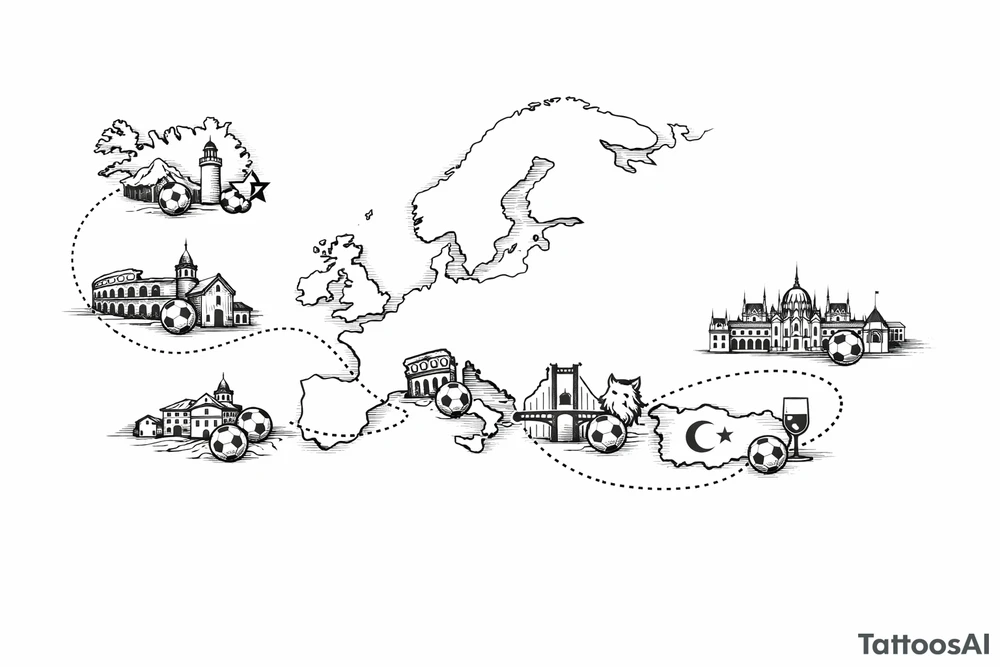 A football journey no crests
A fine-line world map or stylized route connecting Iceland ➔ Italy ➔ Spain ➔ Turkey ➔ Hungary ➔ France, with minimalist markers for each club.
Iceland x3 (sindri, ibv, stjarnan)
Italy x2 (Verona, Sassuolo)
Spain (Logrono)
Turkey x2 (Fenerbahce, Besiktas)
Hungary (Fradi)
France (Bordeaux) tattoo idea