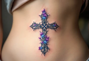 A Celtic cross covered in blue and purple thistles, representing resilience and Scottish heritage. tattoo idea