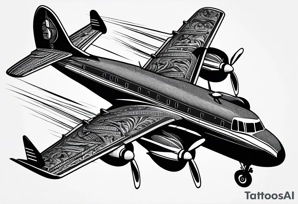 A plane tattooed on right arm, all black tattoo idea