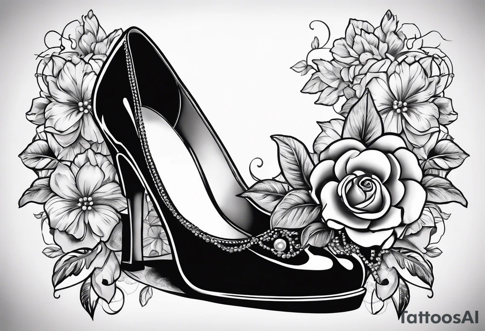 1950s pinup pumps with flowers, pearl necklaces, bows, and lace tattoo idea